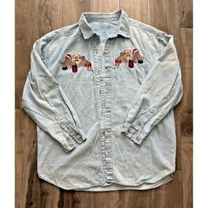 Vintage‎ Teddy Bear Embroidered Denim Shirt Light Wash Christmas Holiday M / L